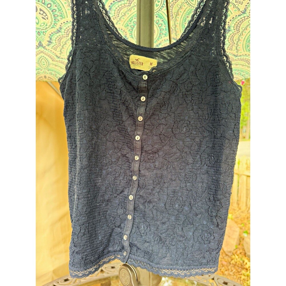 Hollister Women’s Blue Floral Lace Button-Front Camisole Tank Top Size M Y2K